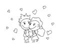 Coloring book for kids - smiling boy and girl joined hands on a background of hearts. Valentines day. 14 February. Black and white Royalty Free Stock Photo